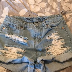 high rise light wash shorts